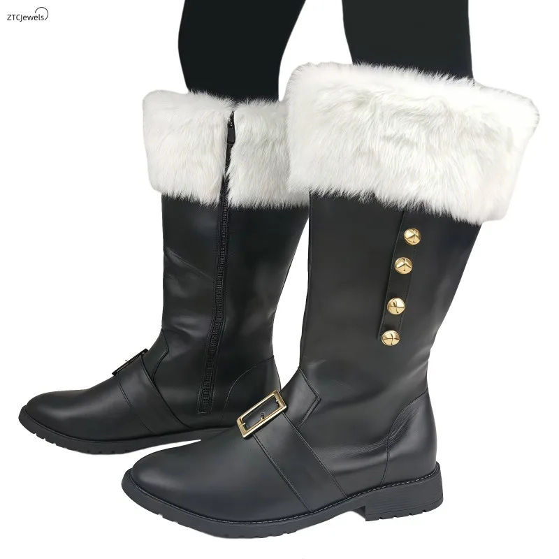 Men's Halloween Christmas Santa Claus Boots Wide Calf Santa Combat Boots with White Plush Cuffs Foot Bells for Party Cosplay