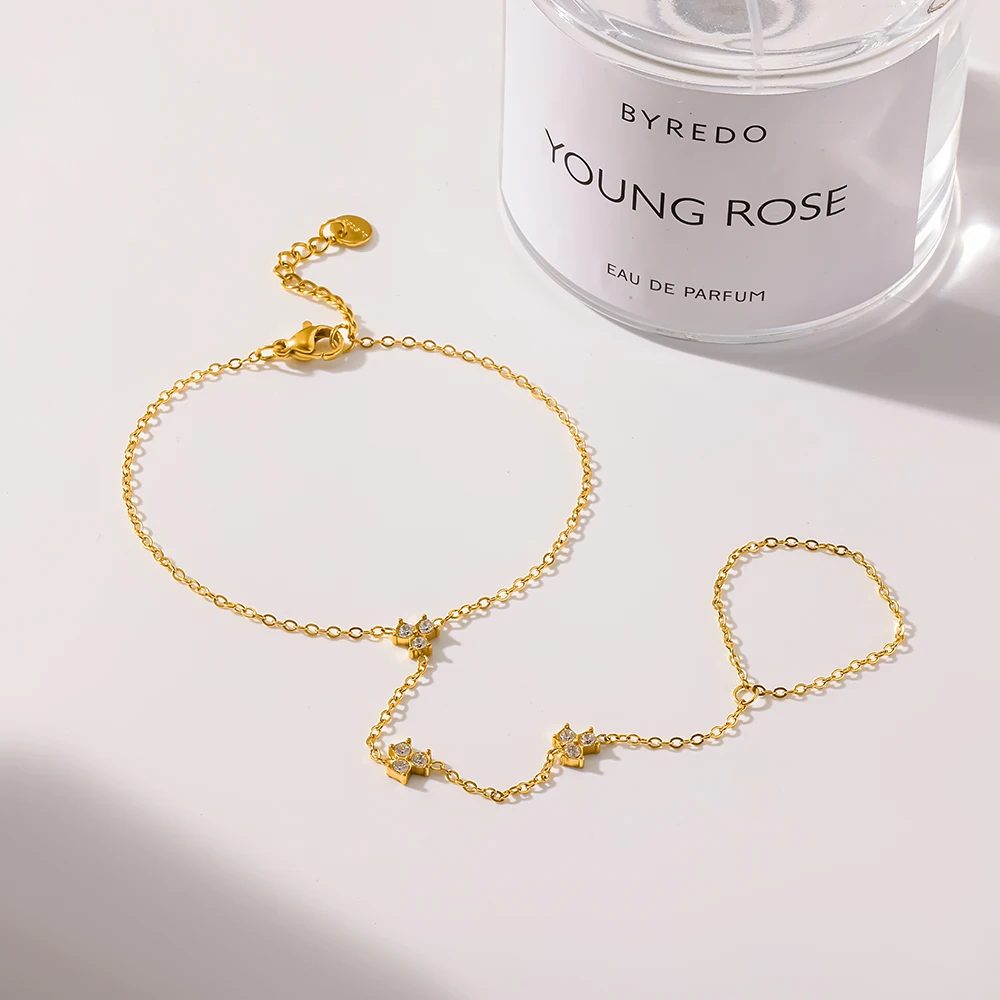 18K Gold Plated Three-Petal Flower Zirconia Hand Harness Stainless Steel Connected Finger Ring Bracelet Dainty Jewelry for Women