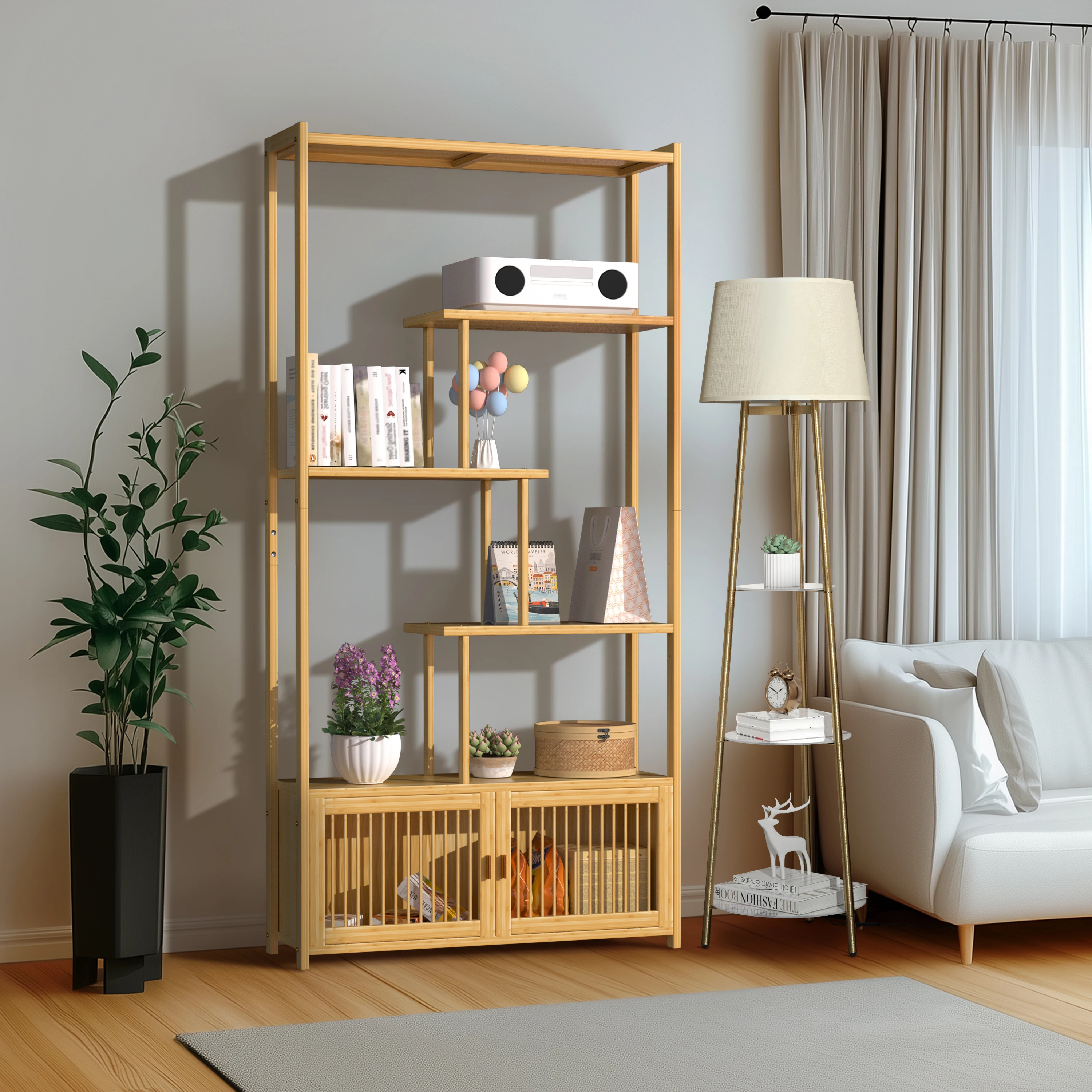 Free Standing Bamboo Storage Rack Bookshelf Cupboard for Living Room Bedroom