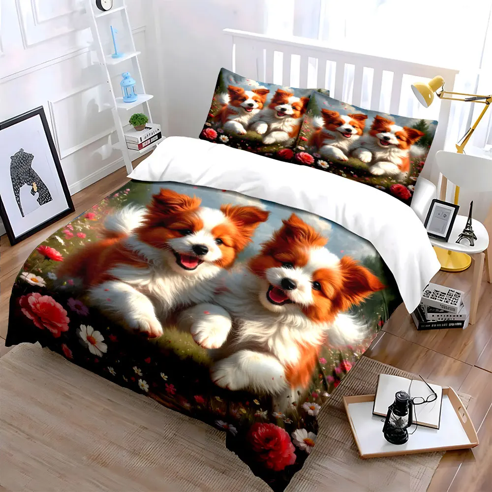 Happy running puppies with flowers Print Soft Comfortable Duvet Cover Bedding Set Included 1*Duvet Cover 2*Pillowcases