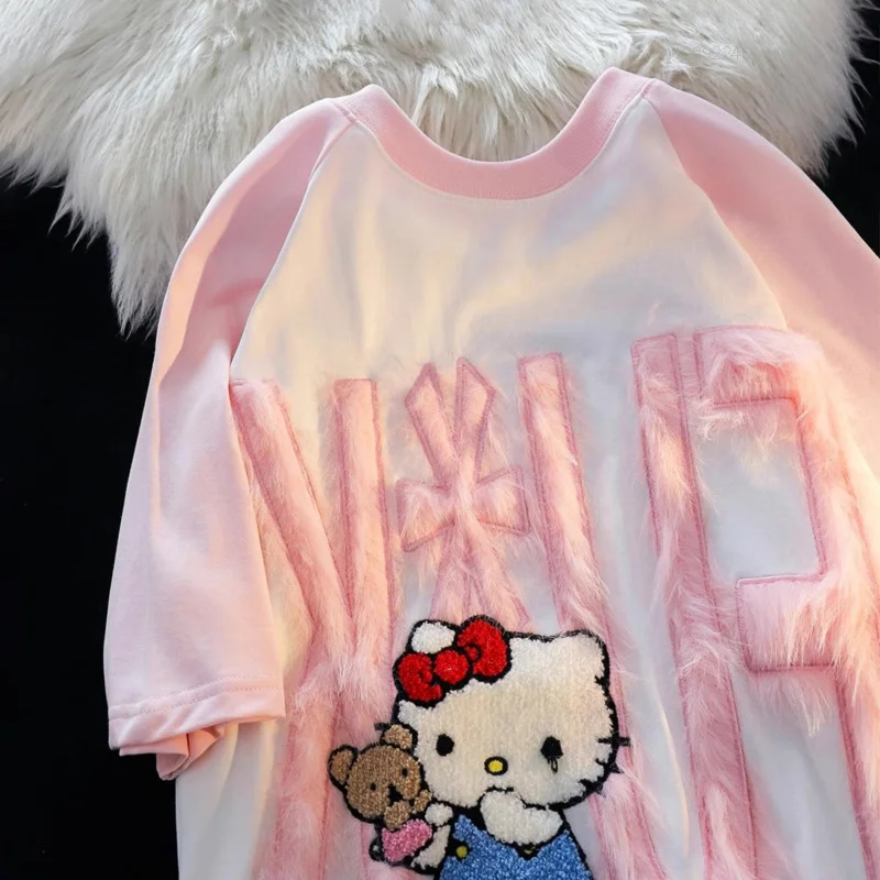 Sanrio Hello Kitty New Short Sleeve T-shirts Y2k Couples Loose Trend Tops Women Streetwear Oversized Tees Summer Female Clothing