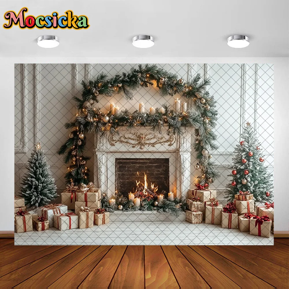Mocsicka Latar Belakang Fotografi Pohon Natal Perapian Lilin Dekorasi Latar Belakang Anak Bayi Natal Pesta Liburan Prom Studio Prop