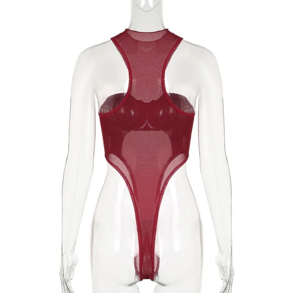

Fashion Stretchy Mesh Bodysuit for Women See Through Sleeveless Hollow Out Tops Slim Fit Streetwear One-pieces Body Summer