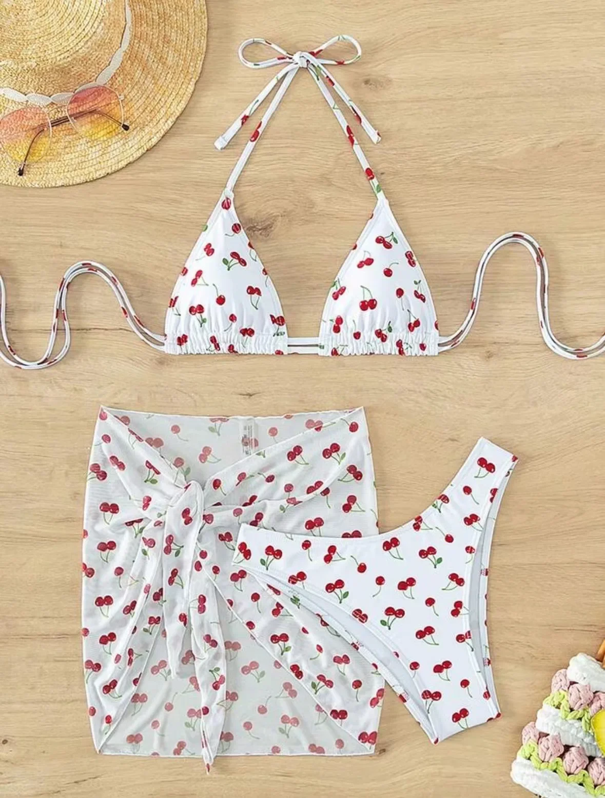 

Women Frech Chic Cherry Print Bikini Sets Three Pieces with Mesh Skirt Swimsuit Swimwear Bathing Suit Beach Outfits Biquini