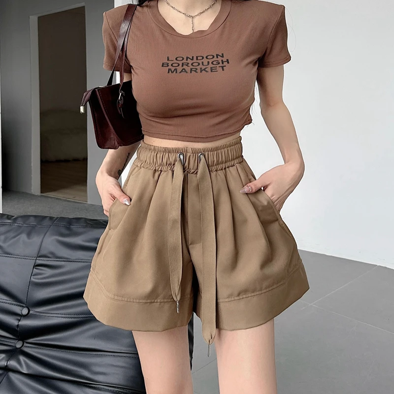 

Summer Wide Hem Loose Shorts for Fashion Girls High Waist Elastic Thin Cool Casaul Design