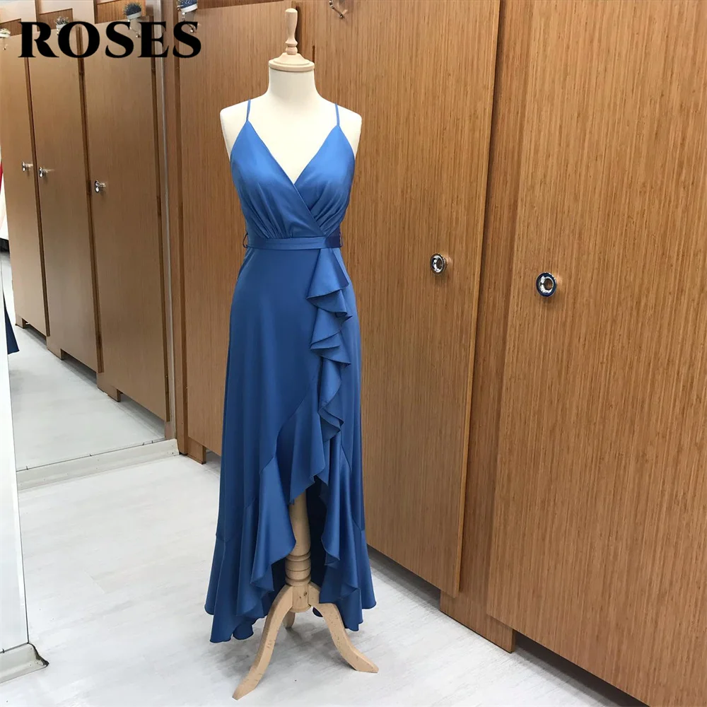 

ROSES Spaghetti Strap Charming Prom Dress Gown V Neck Formal Gown Royal Blue Chiffion Tiered Evening Gown vestidos de noche