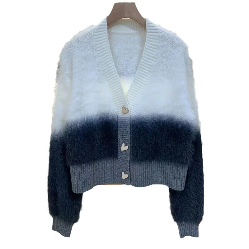 Autumn And Winter Lazy Feng Shui Mink Fur Short Sweater Jacket Women's New Loose Gradient Color Soft Glutinous V-Neck Knitted