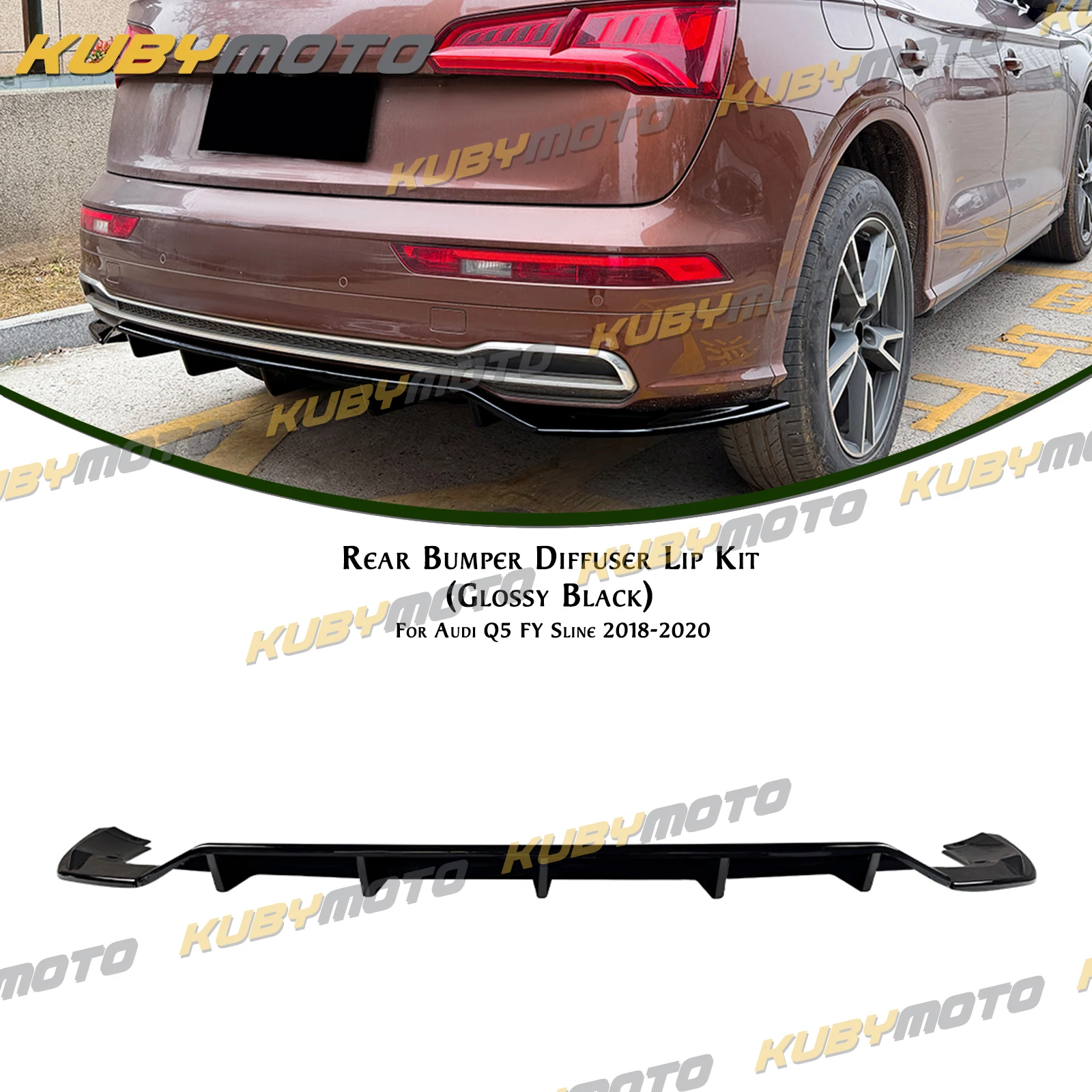 

Для Audi Q5 FY Sline 2018-2020: задний бампер, диффузор, нижние сплиттеры, спойлер-крыло, задняя накладка, внешние аксессуары