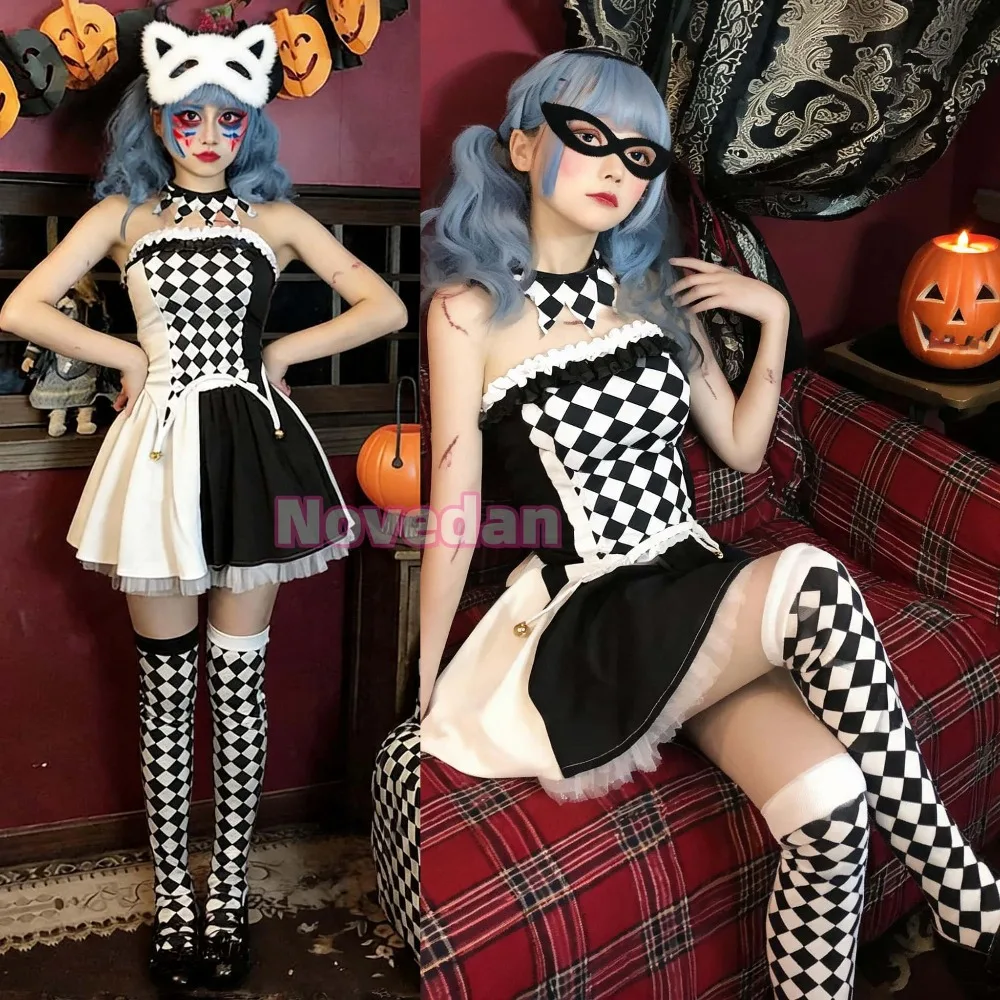 black clown dress Vampire Circus Costume Women Halloween Devil White Jester Checkered Clown Cosplay Masquerade Party Lolita Size:Custom Size (Add Note in Cart) Karen Kane Three Quarter Cap Sleeve a headband with attached Purple