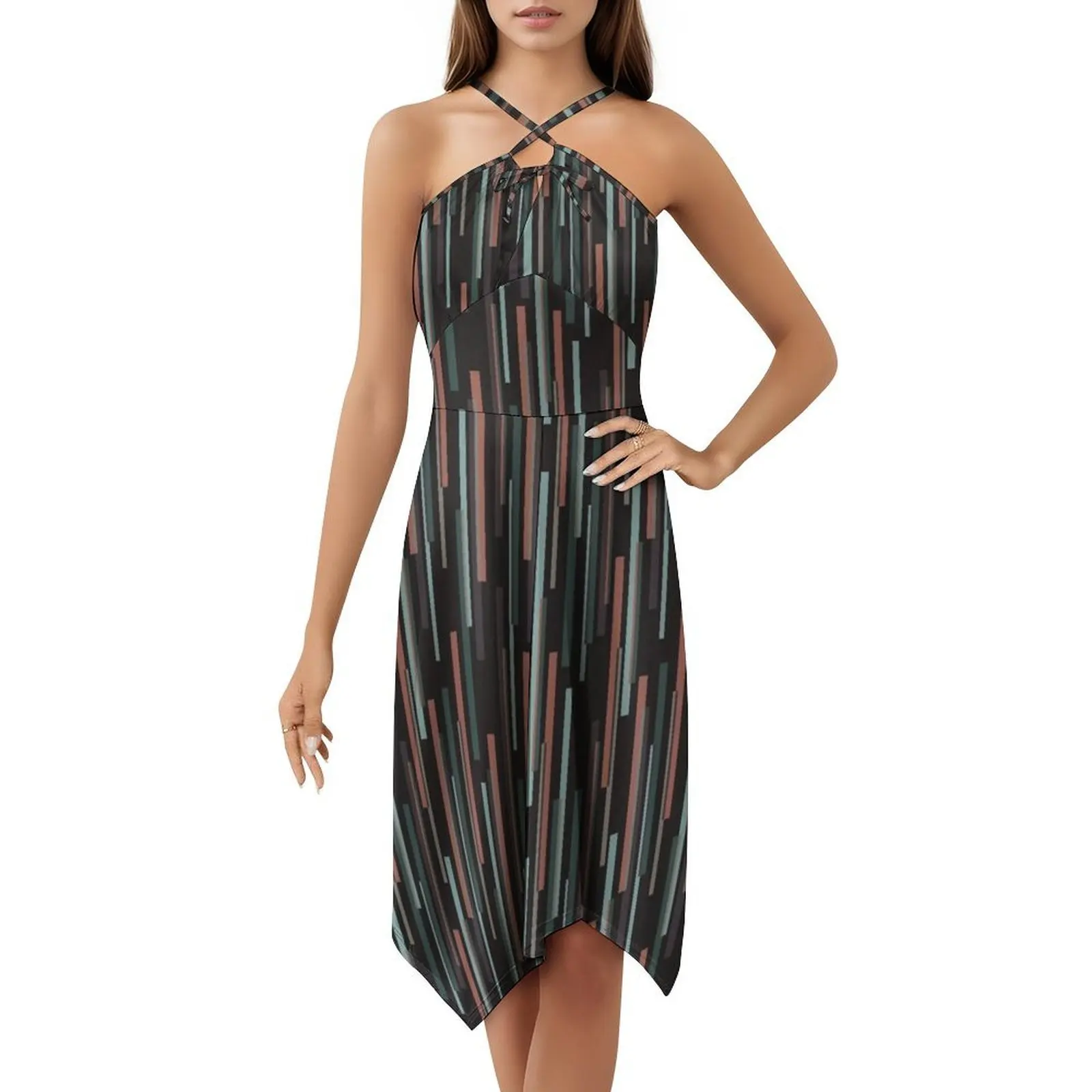 فستان Palm Springs Stripes-Dark Boho Chic أنيق أنيق على الشاطئ وحفلات الزفاف في منتصف القرن الحديث بخطوط نوابض النخيل #5