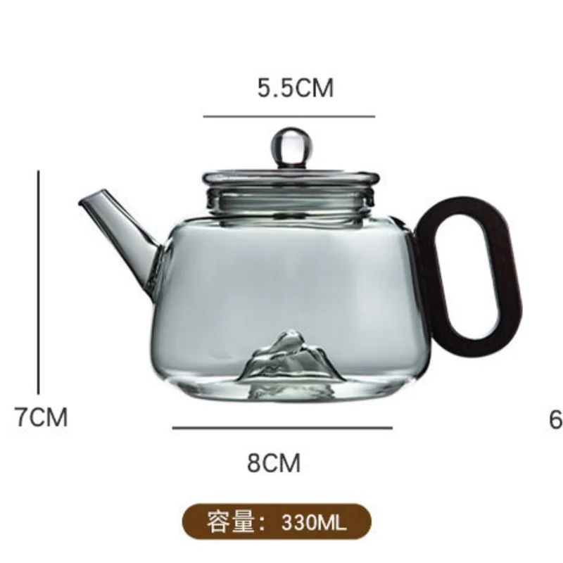 330ml Mountain View Bottom Glass Teapot Wooden Handle Heat Resistant Green Tea Infuser Pot with Starry Sky Lid Kung Fu Tea Maker