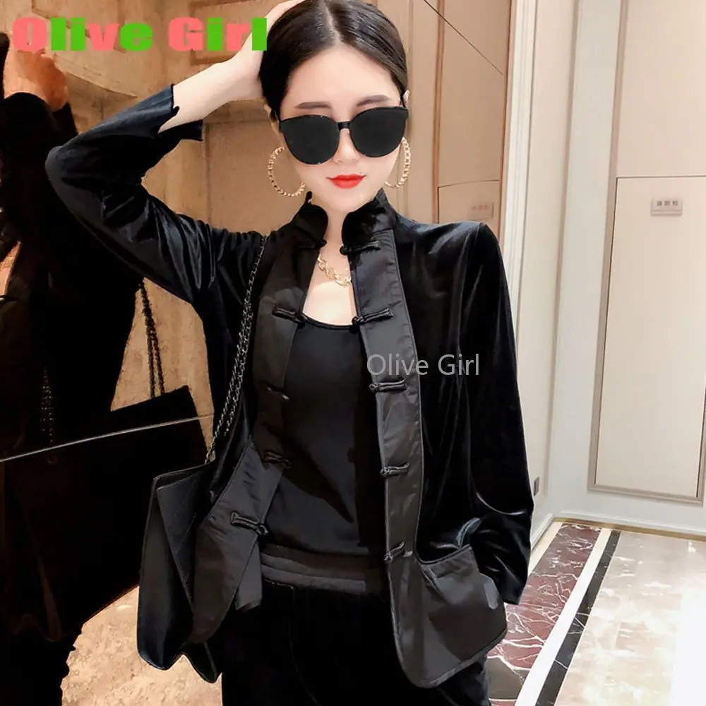 Fashion Gold Velvet Set Women's Plate Buckle Splicing 2025 Spring New Style Retro Style Coat Women's Clothing