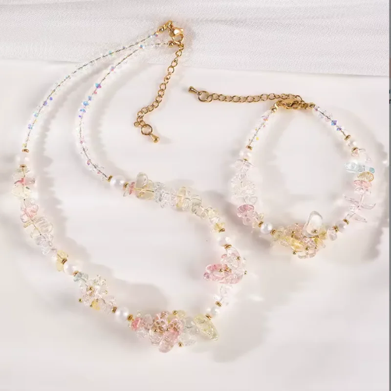 Trendy Watermelon Crystal Necklace Dainty Baroque Pearls Beaded Necklace Clear Quartz Jewelry Set for Women Girls Party Gift