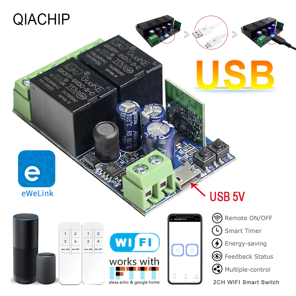 

QIACHIP WiFi Smart Switch 10A DC 7-48V USB 5V 2 CH 2.4G RC with eWelink app Suitable for Curtain Motors Garage Doors LED Lights