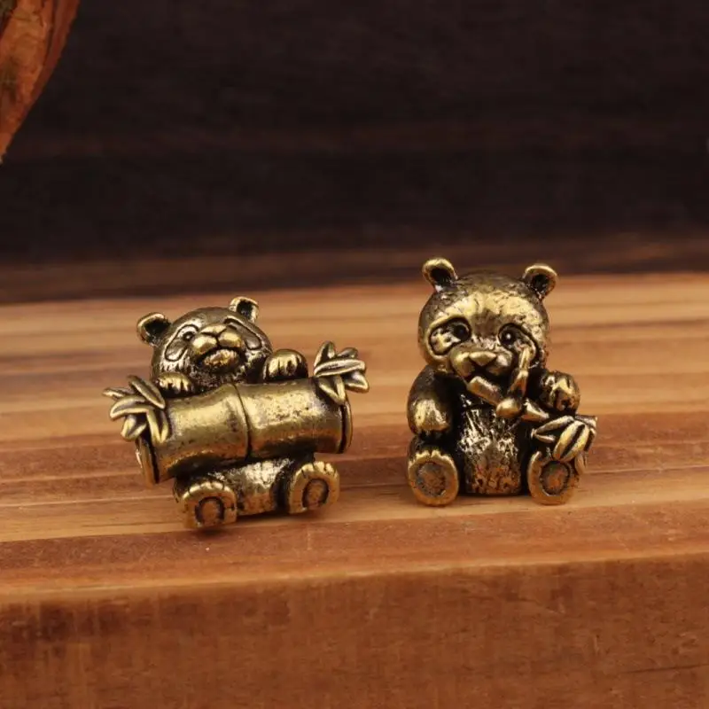Brass Panda Desktop Ornament 1/2 Pack Small Cute Tea Pet Collectible Statue for Study Desk Tea Table Home Decoration Gift