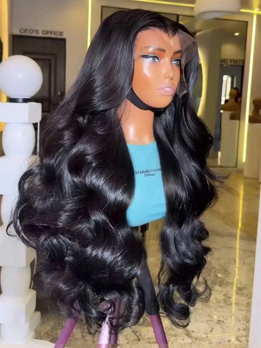 

200 Density Natural Black Body Wave Human Hair Wigs HD Transparent Lace Frontal Wig Pre-Plucked Bleached Knots Lace Front Wig