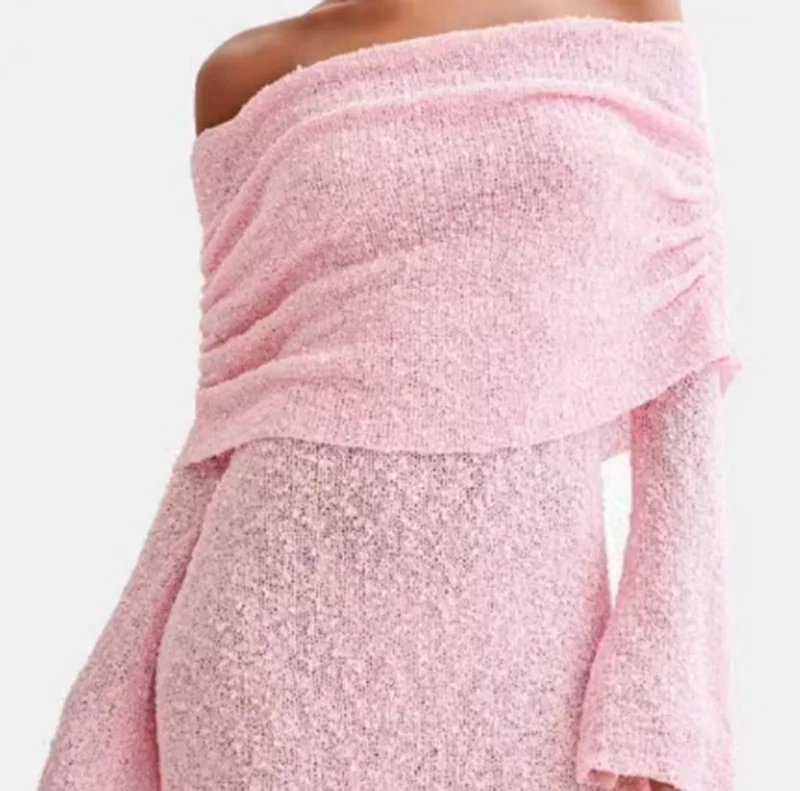 2025 Sexy Slash Neck Ruffle Bodycon Party Dress Summer Autumn Women Long Flare Sleeve Thin Hollow Out See-throught Mini Dresses