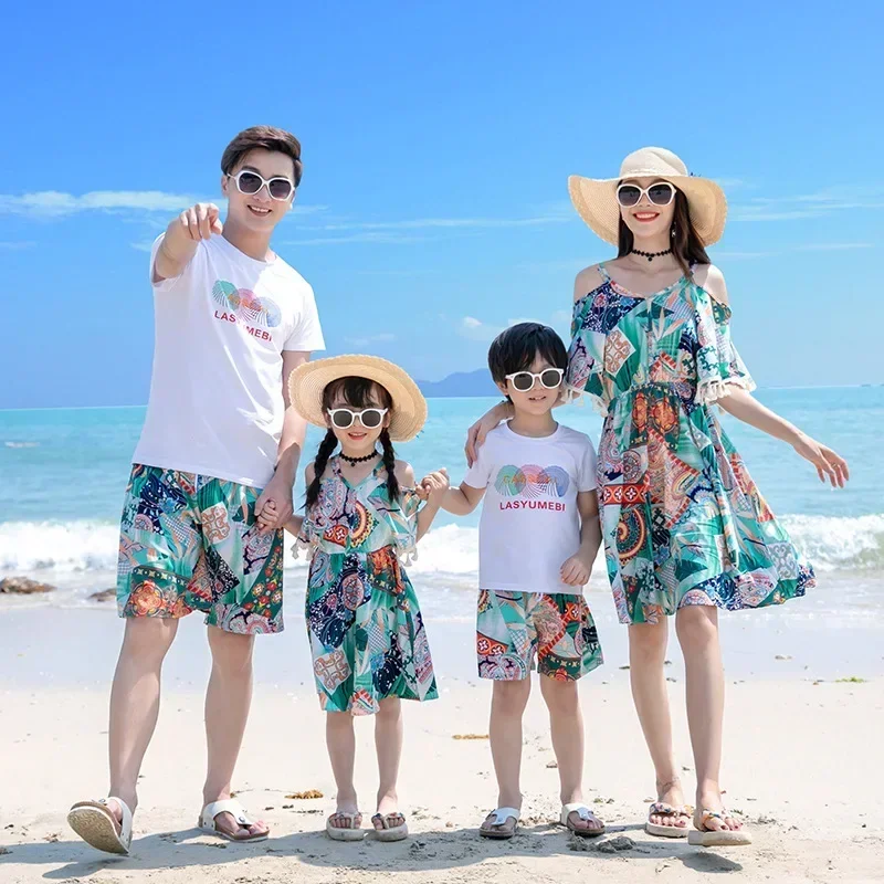 Área de vacaciones pareja hija vestido de resort papá hijo conjuntos de dos piezas apariencia ropa para padres e hijos vacaciones familia traje a juego mamá