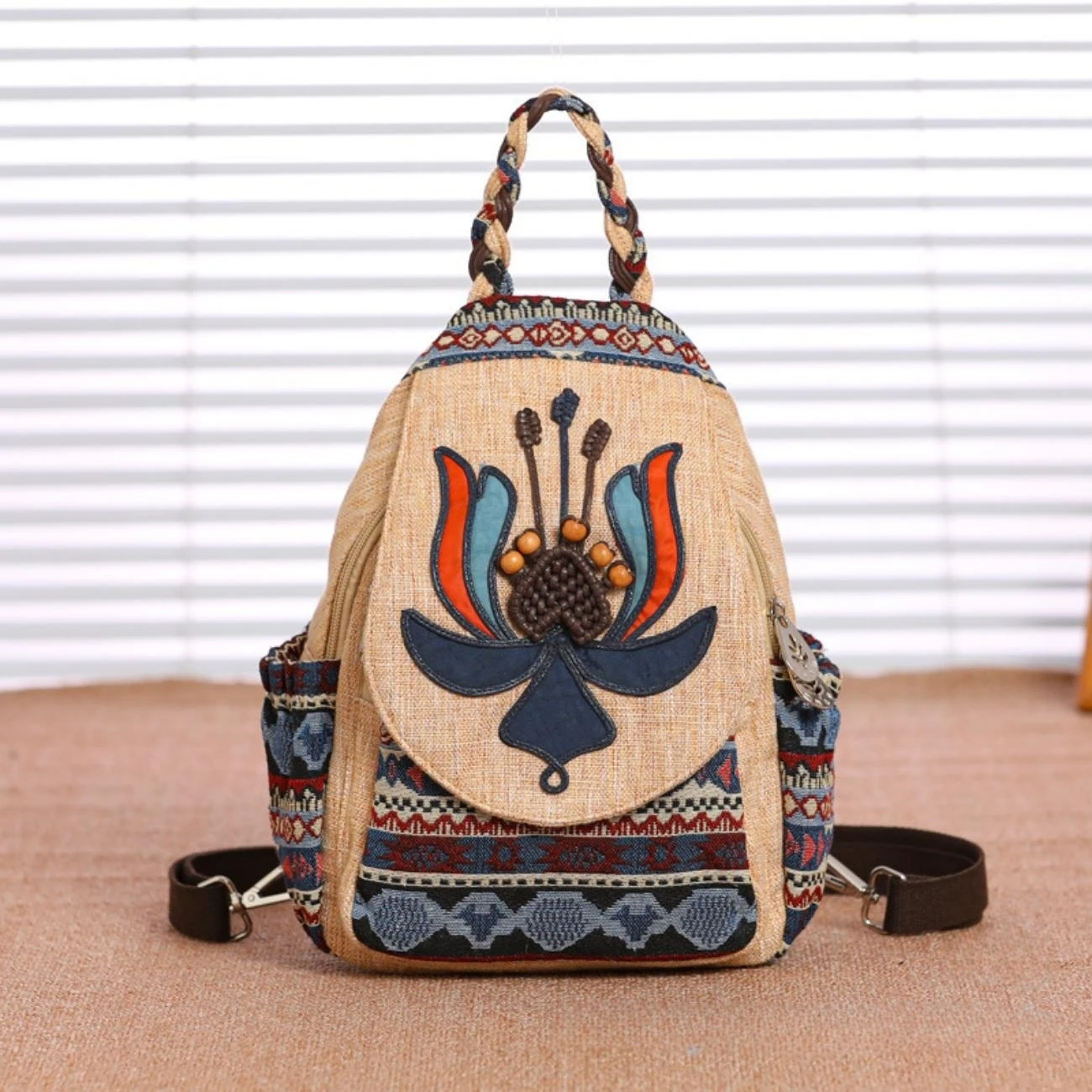 

Ethnic style hand woven backpack with double layer fabric and versatile casual backpack, lightweight canvas travel bag