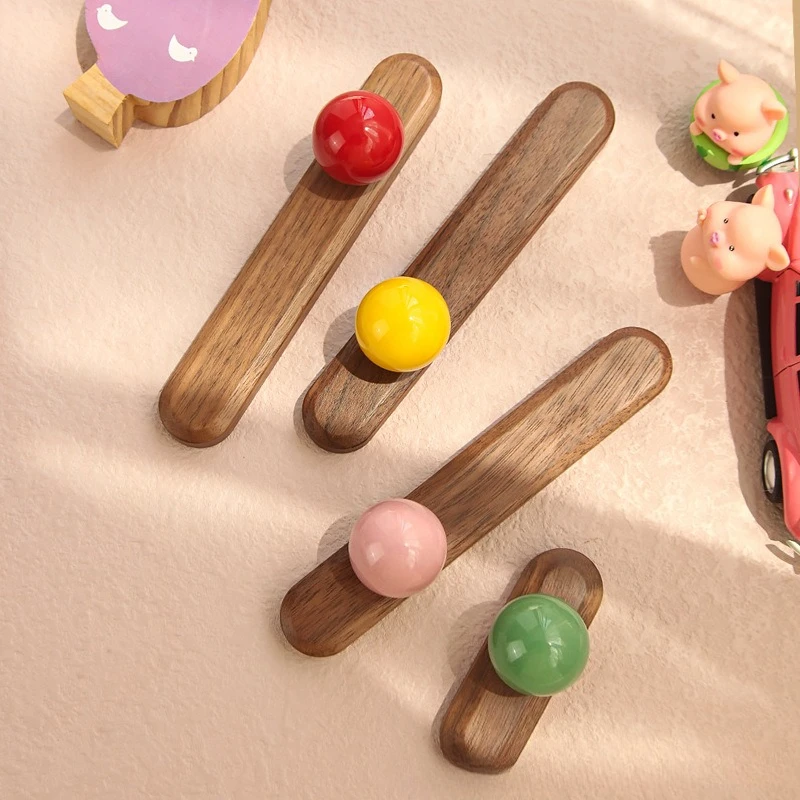 Retro Walnut Pull Handle Pink White Ceramic Ball Wardrobe Door Cabinet Drawer Handles Children's Room Knobs Decor Closet Pulls
