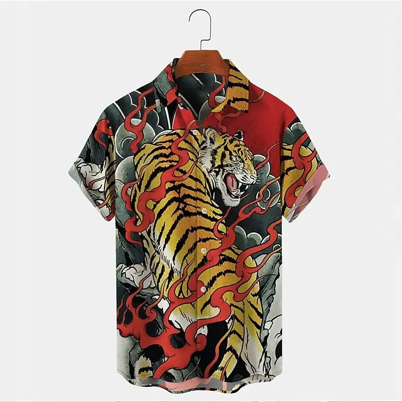 Men's shirt animal tiger pattern print shrink ruby outdoor street short sleeved button clothing tropical fashion