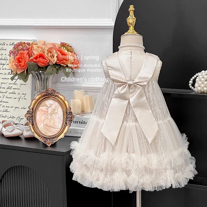 Girls' Dress 2025 Summer New Fashionable Baby Girl Super Fairy Bow Birthday Dress Children's Princess Dress