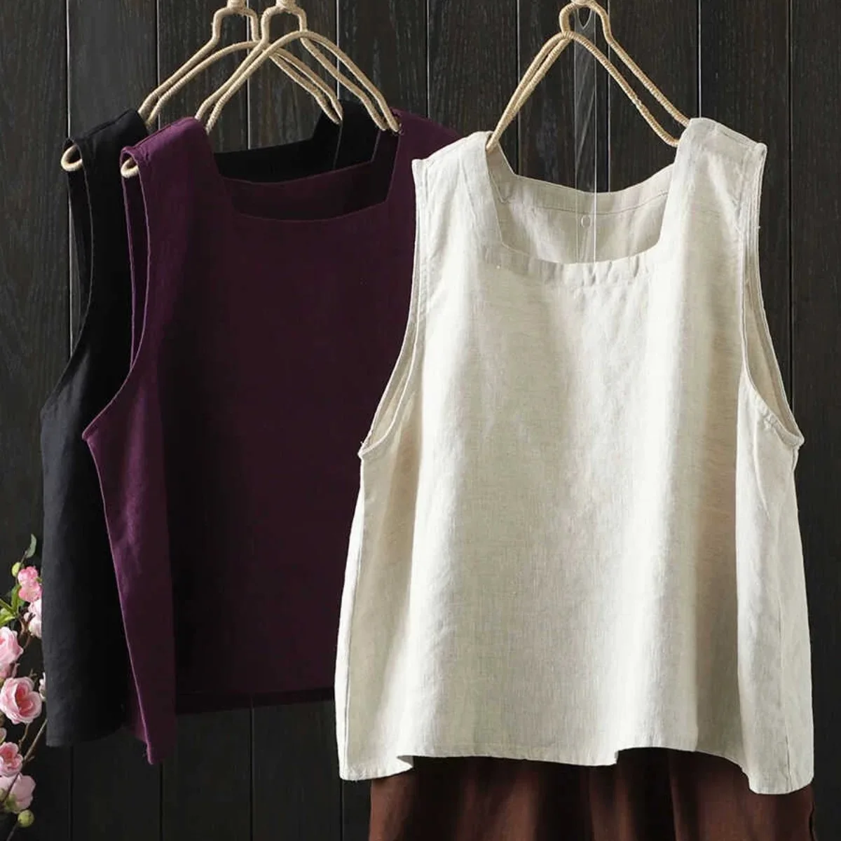 Summer New Cotton Linen Square Collar Strap Vest Women's plus Size Loose Svel Top Inner Wear Outer Wear Base irt