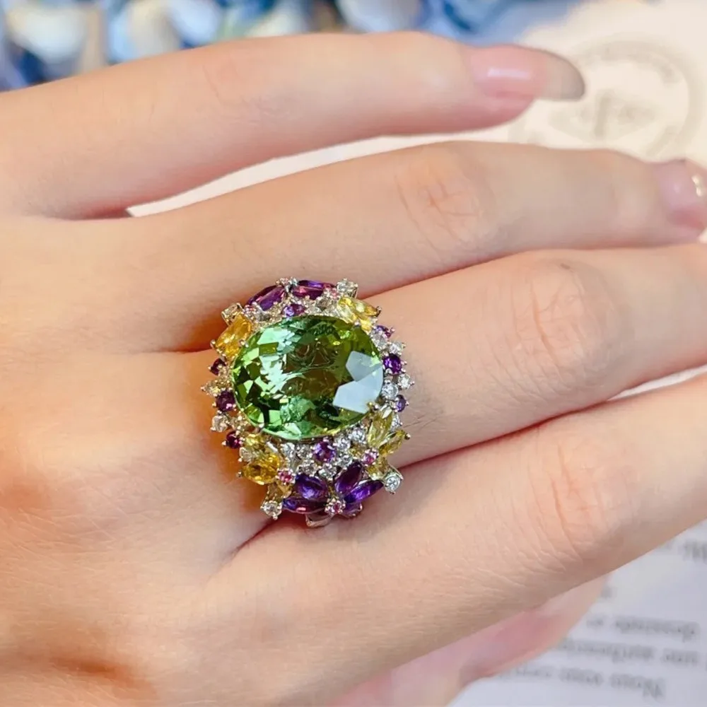 Sparkling Peppermint Green Gemstones Rings for Women Ladies' Exquisite Full Bling Diamonds Luxury Cocktail Ring Jewelry Gifts 4