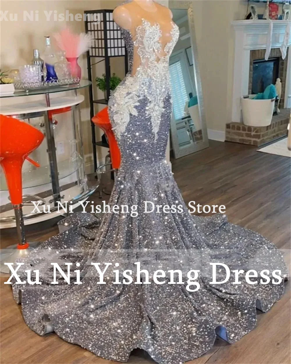 Xu Ni Yisheng Unique Evening Dress Luxury Beads Appliques Mermaid Sparkly Sequin Prom dress New Cocktail Dress Women Party Dress