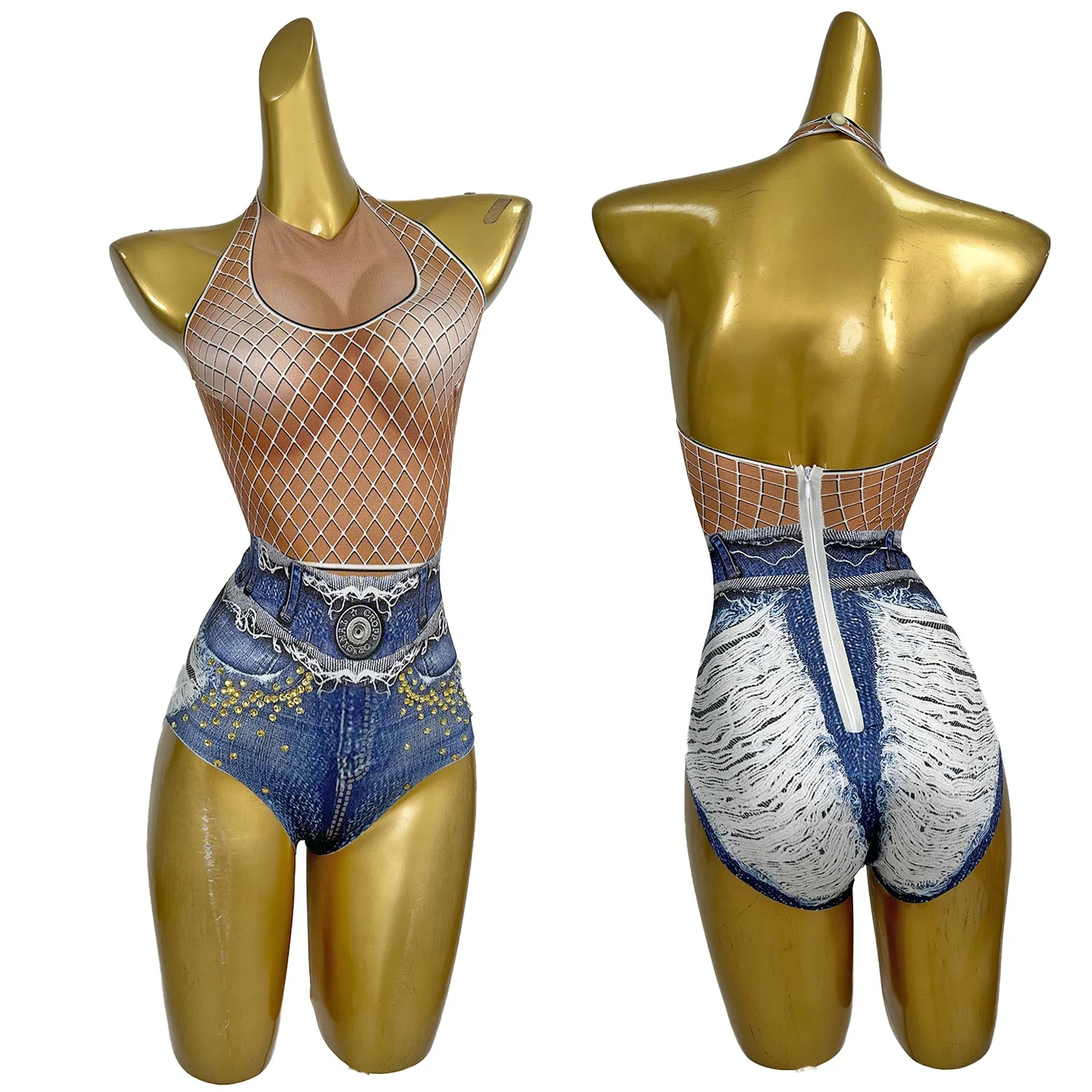Hot Girls Bar Club Spandex Elastic Bodysuit Sexy Women Print Dance Stage Performance Party Event Outfit Cat Suit Show Catsuit