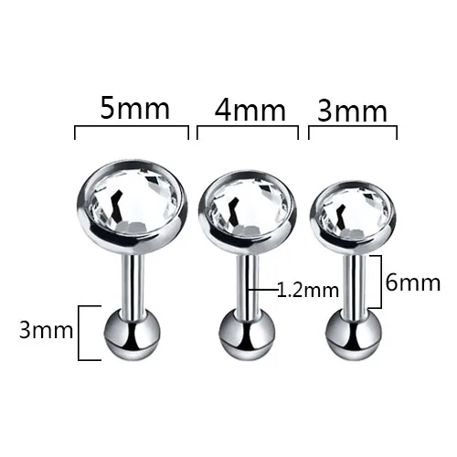 3pcs/lot 316L Steel Gem Ear Studs Pack 3/4/5mm Crystal Zircon Back Helix Tragus Piercing Jewellery for Women Men Earring Sets