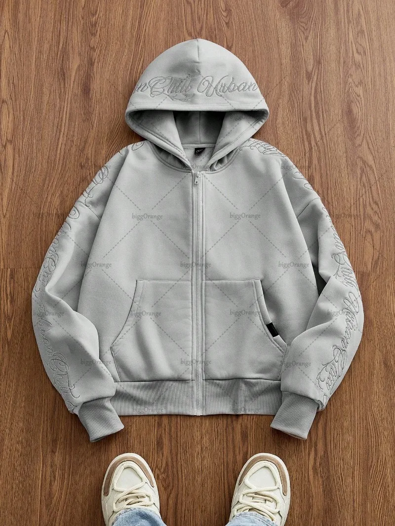 هاي ستريت تريند ملابس الشارع الشهير للرجال الأمريكية الرجعية إلكتروني التطريز عادية قلنسوة بسحاب هوديي Harajuku Y2K البلوز المتضخم