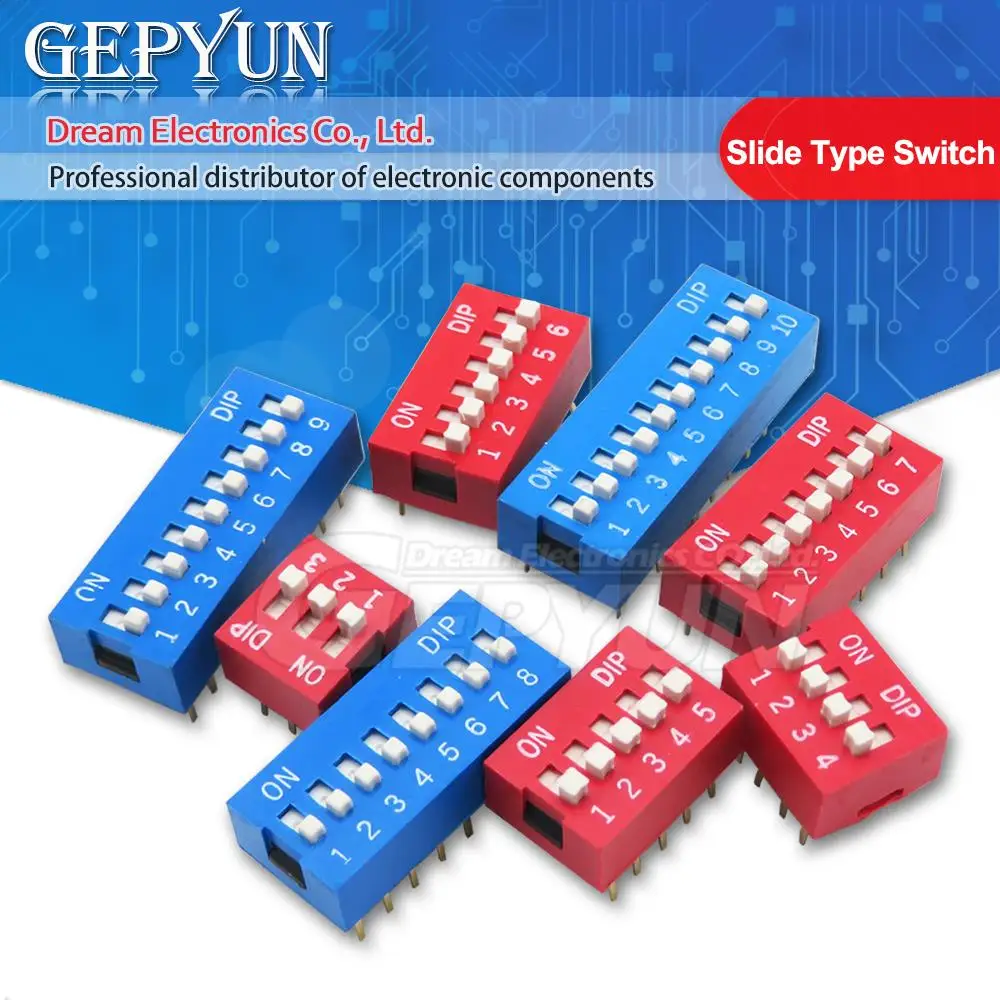 Módulo de interruptor tipo slide, 5 peças 1 2 3 4 5 6 7 8 9 10 12 bits 2.54mm posição maneira dip vermelho passo interruptor de alternância azul vermelho interruptor de pressão