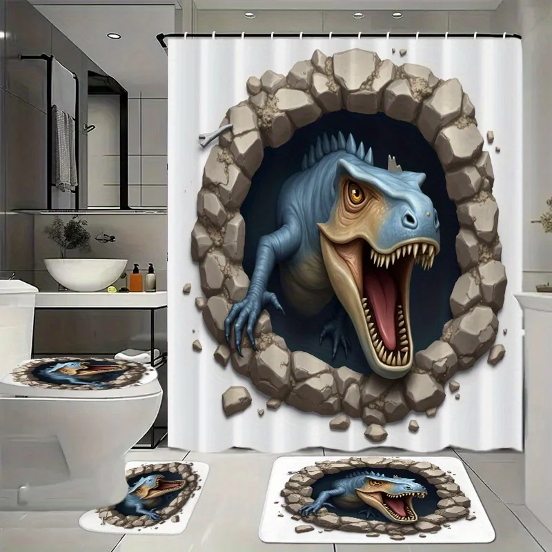

4pcs Bathroom Set with Shower Curtain, 12 Hooks, Floor Mat, Toilet Seat Cover, and Lid Cover - Dinosaur-Themed "T-Rex Breaks