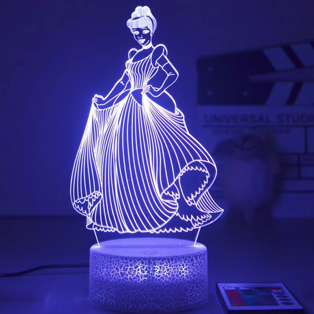 Série Princesa 3D Night Light, 16 Cores, Lâmpada Mudando a Cor, Luz LED Regulável, Controle Remoto, Princesa Toy, Presente Kids