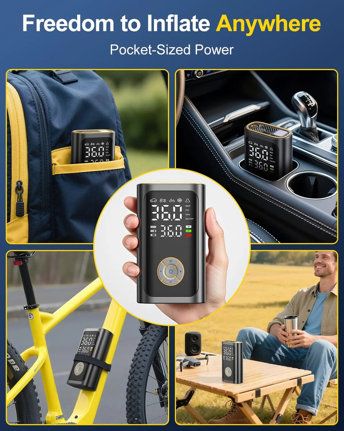 ضاغط هواء محمول لإطارات السيارات، مضخة لاسلكية 150 رطل لكل بوصة مربعة مع مقياس رقمي وإضاءة LED