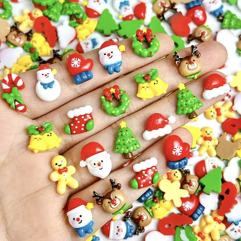 20PCS Kawaii Christmas Series Resin Nail Art Charms Cartoon Santa Claus Snowman Simulated Gloves Bell Nail Decorations DIY Nails