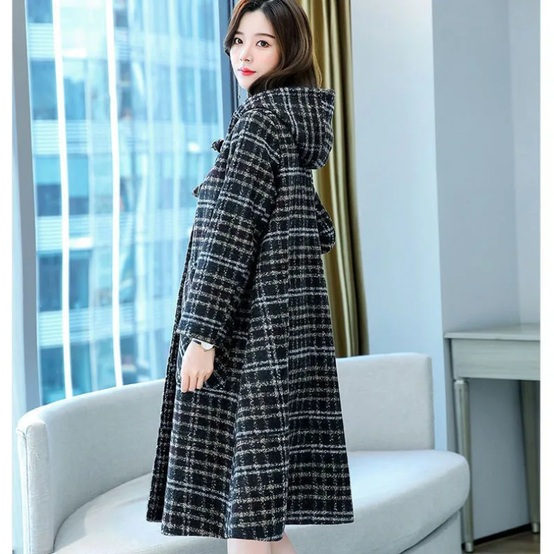 Women's Long Hooded Plaid Woolen Jacket Autumn Winter Formal Casual Overcoat Loose Windbreaker Coat Fashion Outwear 2026