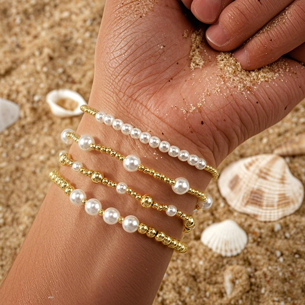 

Go2boho Gold Plated Faux Pearl Bracelet Set Four Pieces Adjustable Handmade Jewelry for Women Simple Elegant Gift Idea