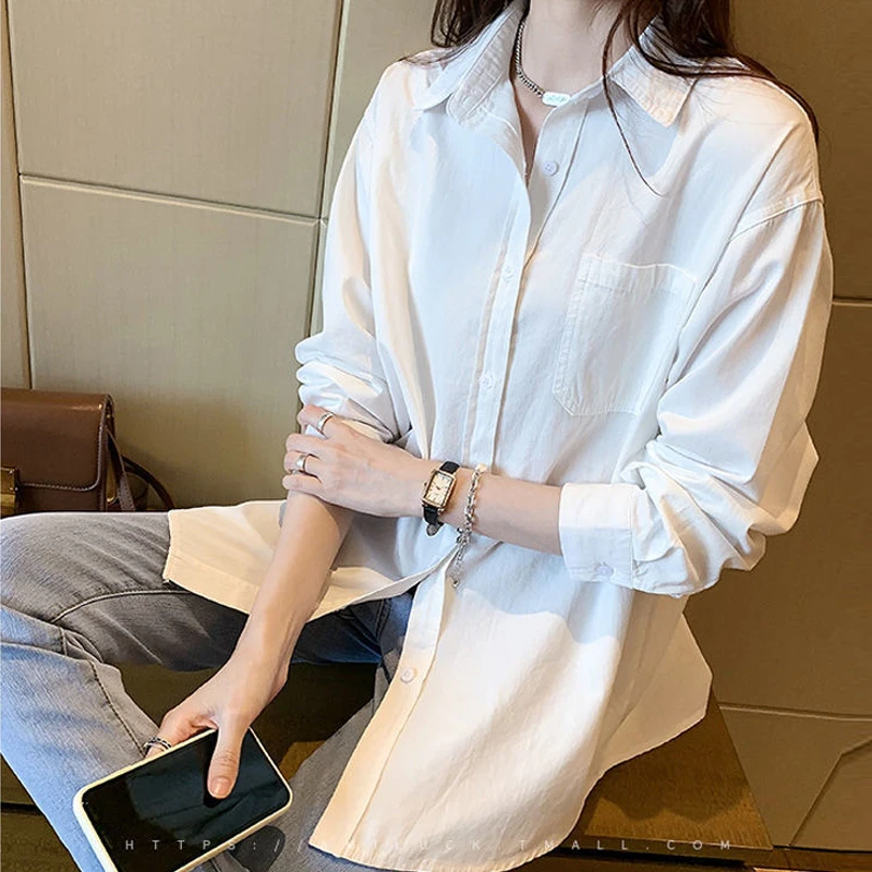 Womens Clothing Vintage Trendy Oversized Streetwear Shirt Korean Simple Casual White Blouse Female Tunic Tops Long Sleeve Blusas