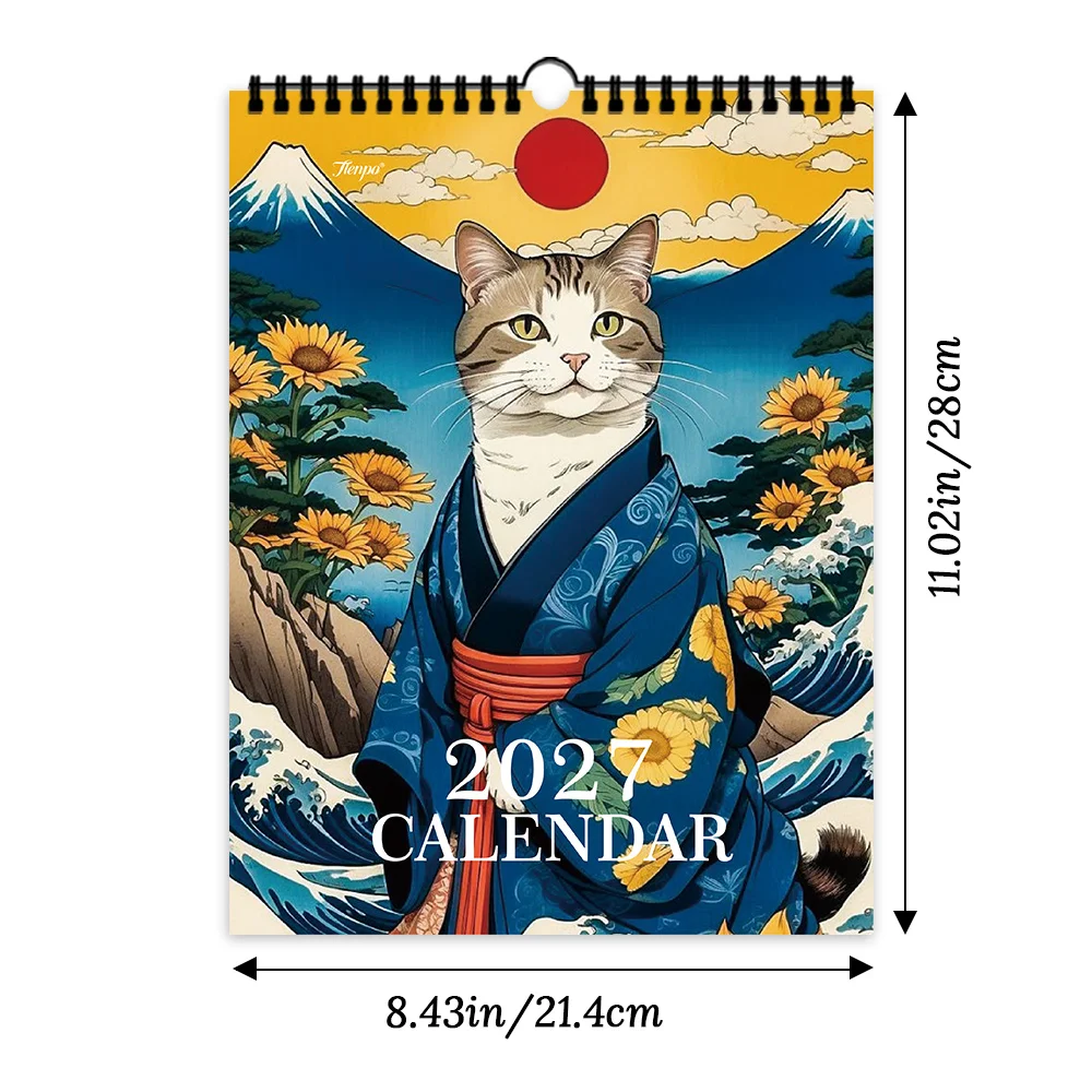 1pc 2027 Wall Calendar, Japanese-style Kimono Cat Theme,12-Month Monthly Planner,Perfect Gift for Birthdays, Christmas, New Year