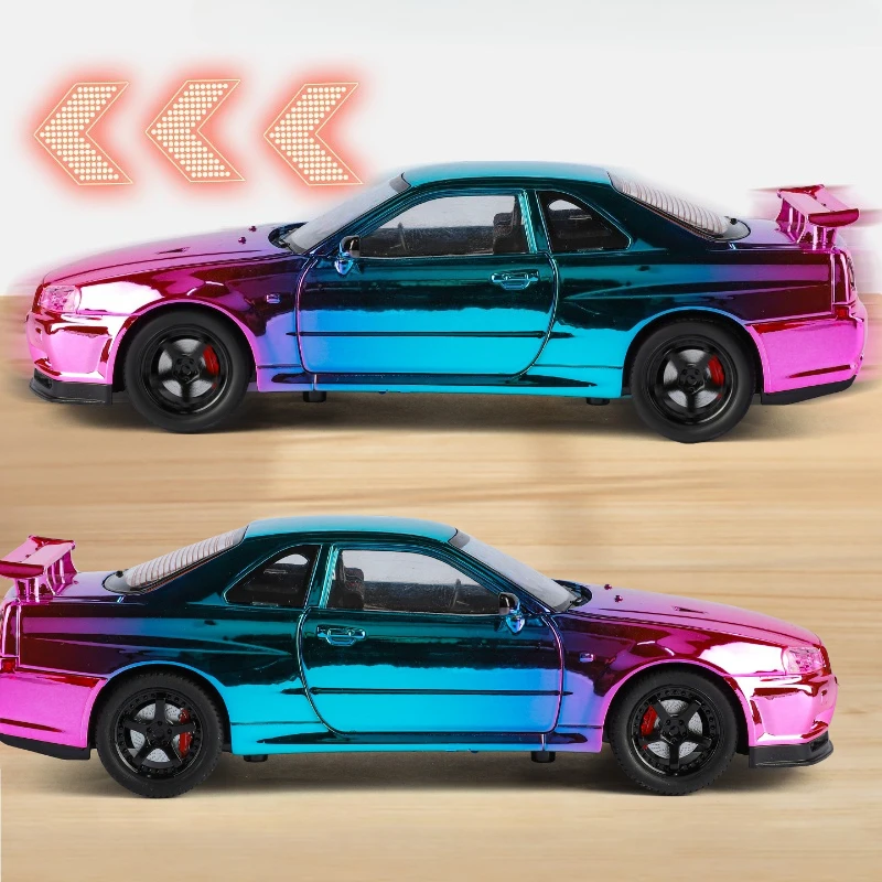 Simulation Electroplated 1:24 Scale Nissan GTR34 Sports Car Model Children's Toy Vehicle Collection Miniature Voiture Home Decor