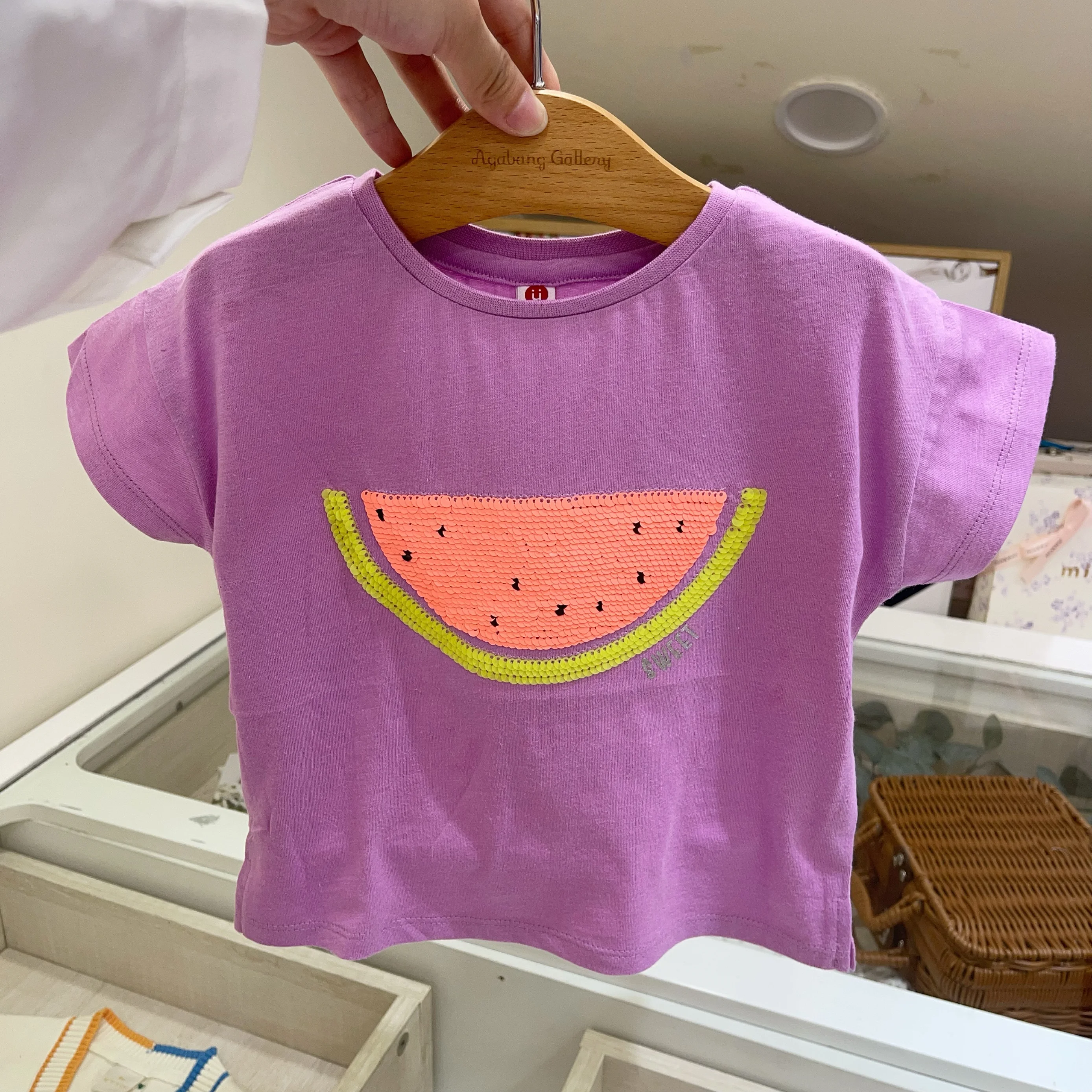 Summer Cotton T-shirt for Girls Soft Pure Cotton Short Sleeve Pink Fluorescent Sparkle Watermelon Print round Neck Cute Kids ...