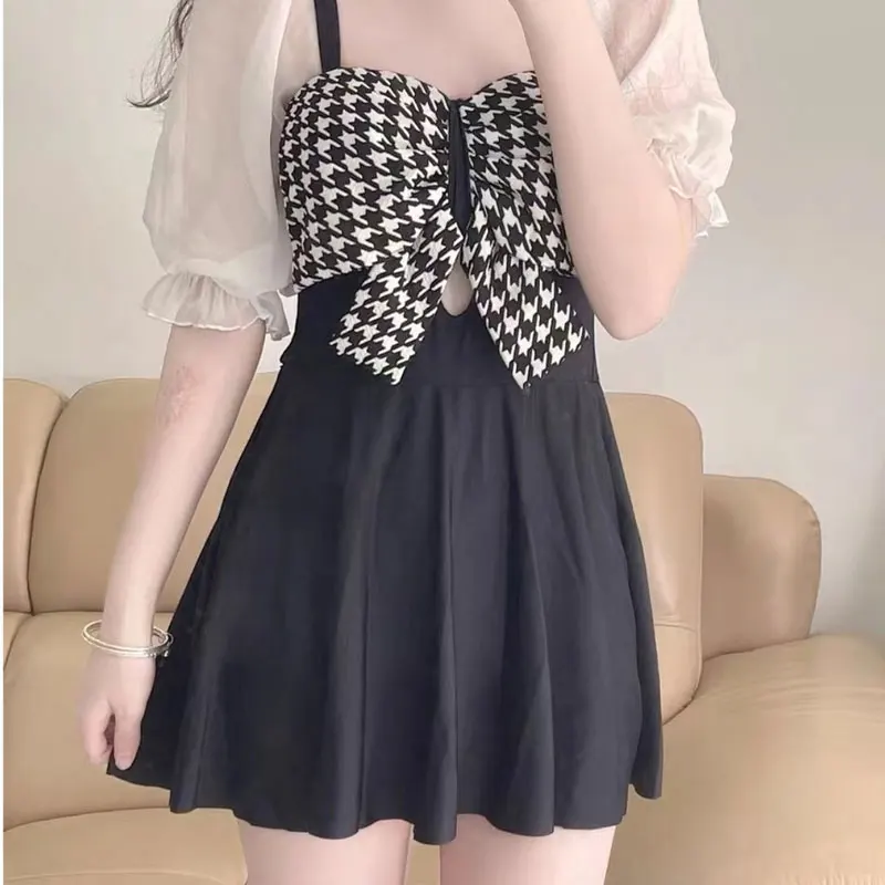 Elegant Fashion Harajuku Slim Fit Female Clothes Loose Casual All Match Bathing Suits Flounce Bow Short Sleeve One Piece Skirt