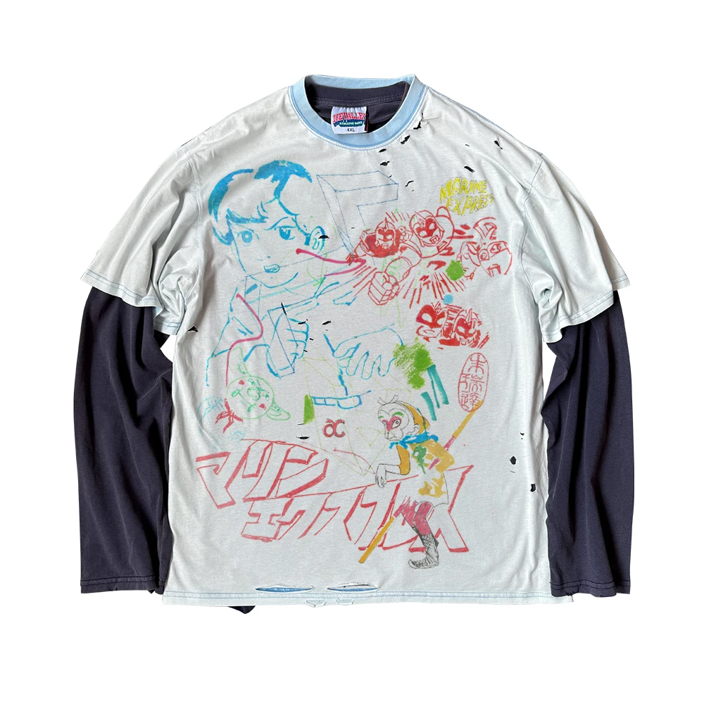 

Американский ретро-комплект из двух предметов в стиле High Street: съемный, для пар, больших размеров, хлопковый, с длинным рукавом, дышащий, летний, футболка