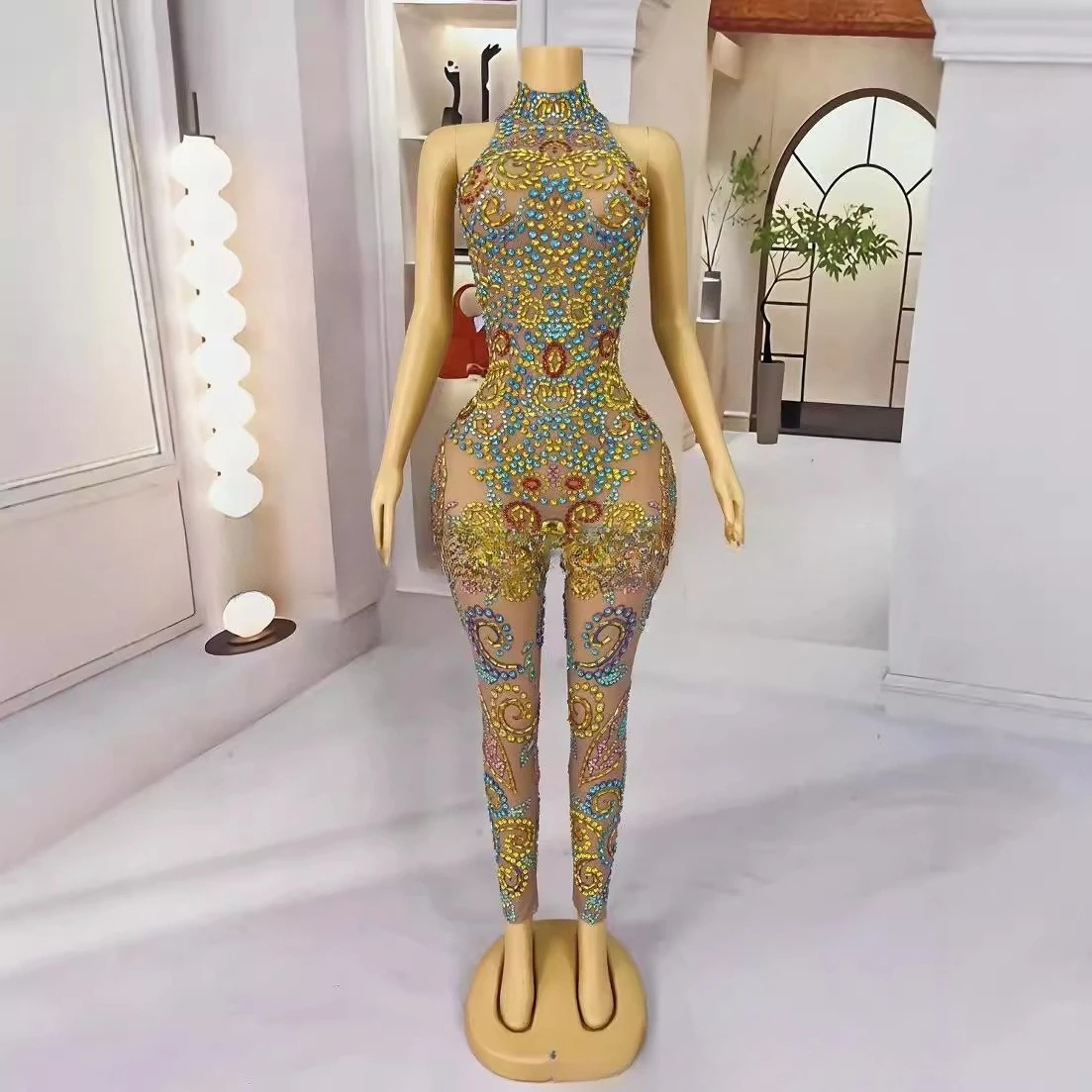 

Performance Clothes Sexy Slim Sleeveless Design Jumpsuit Full Of Diamond Pattern Fashion Party Light Dance Flying Flowers 연주용드레스