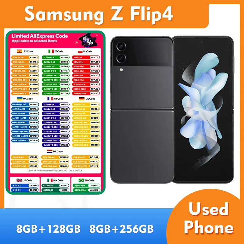 هاتف Samsung Galaxy Z Flip4 5G RAM 8GB ROM 128GB/256GB هاتف ذكي 6.7 بوصة CPU Snapdragon 8 + Gen1 3700mAh 12MP كاميرا مستعملة