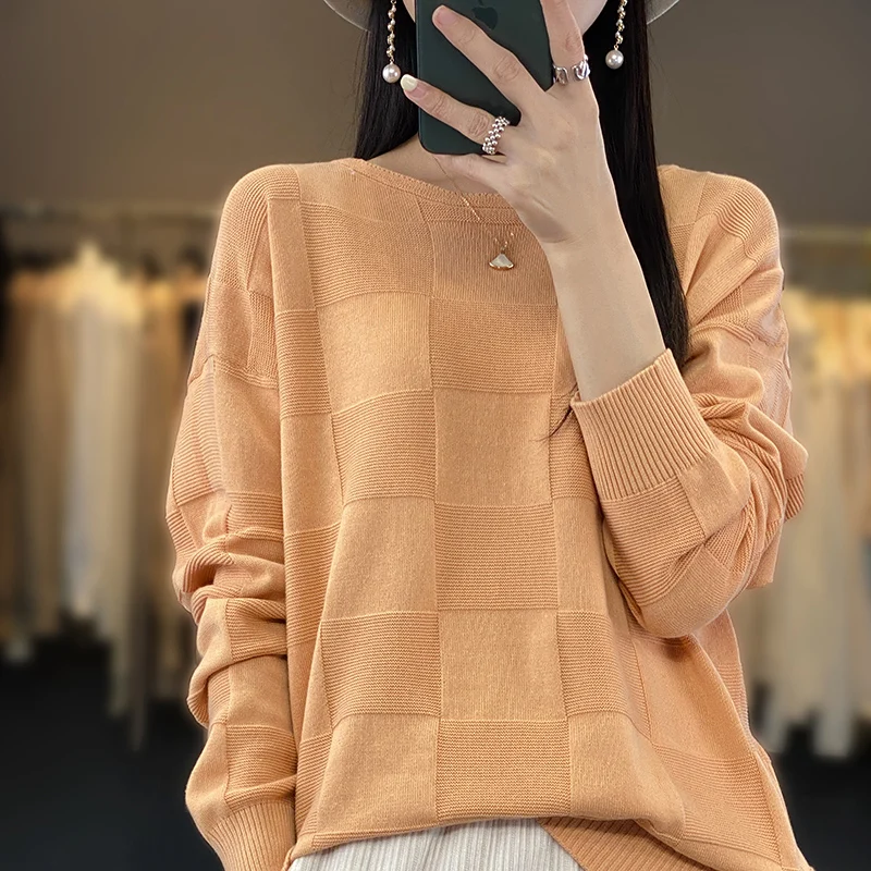 

Cotton Thread Round Neck Long-Sleeved Knitted Bottoming Shirt Female Pullover Loose Short Blouse Temperament Age Versatile