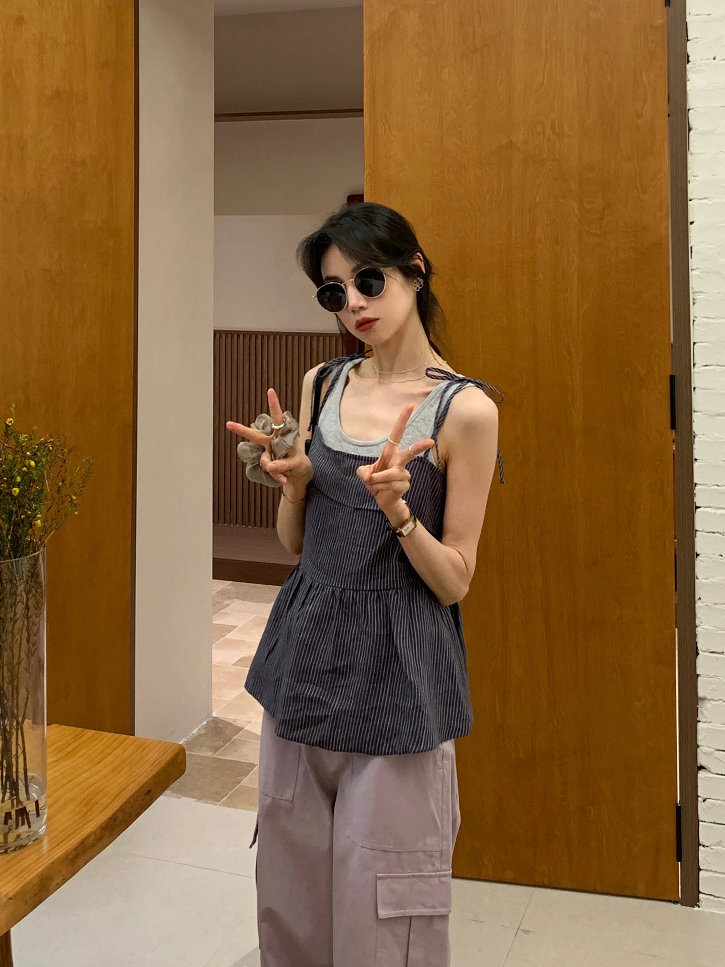 

Deep Blue Striped Halter Shirt Women Summer New Sweet Slimming Fashion Top Sweet Little Trick round Neck Sleeveless Loose Fit