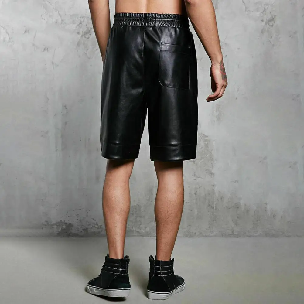 Faux Leather Shorts Men Drawstring Waist Shorts Men\'s Faux Leather Drawstring Shorts with Pockets Wide Leg Streetwear for Men